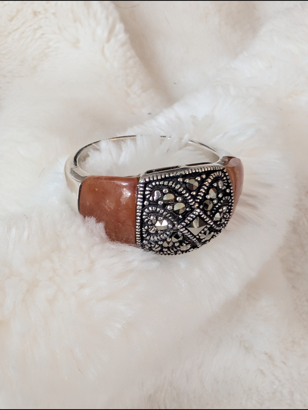 Vintage Style Marcasite Sterling Silver Ring 925 Thailand Brown Inlay Size 8